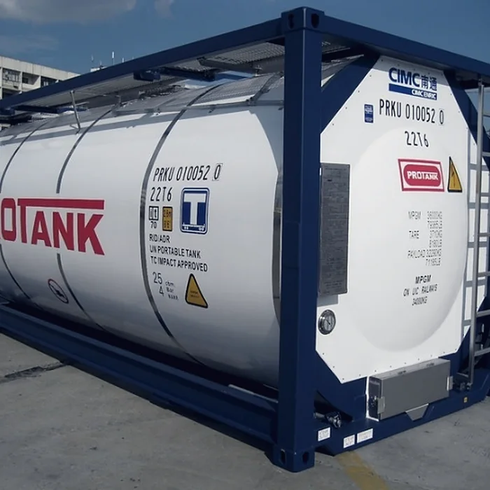 ISO tank container mounted on a trailer frame