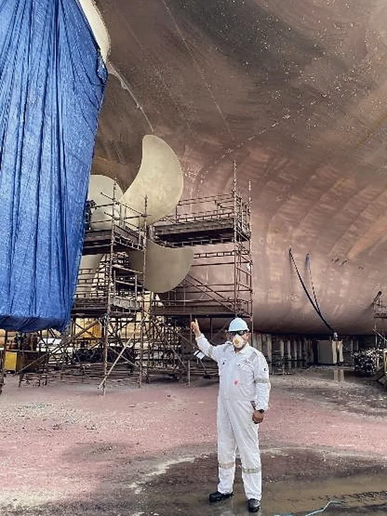 Vessel propeller and stern gear exposed in dry dock